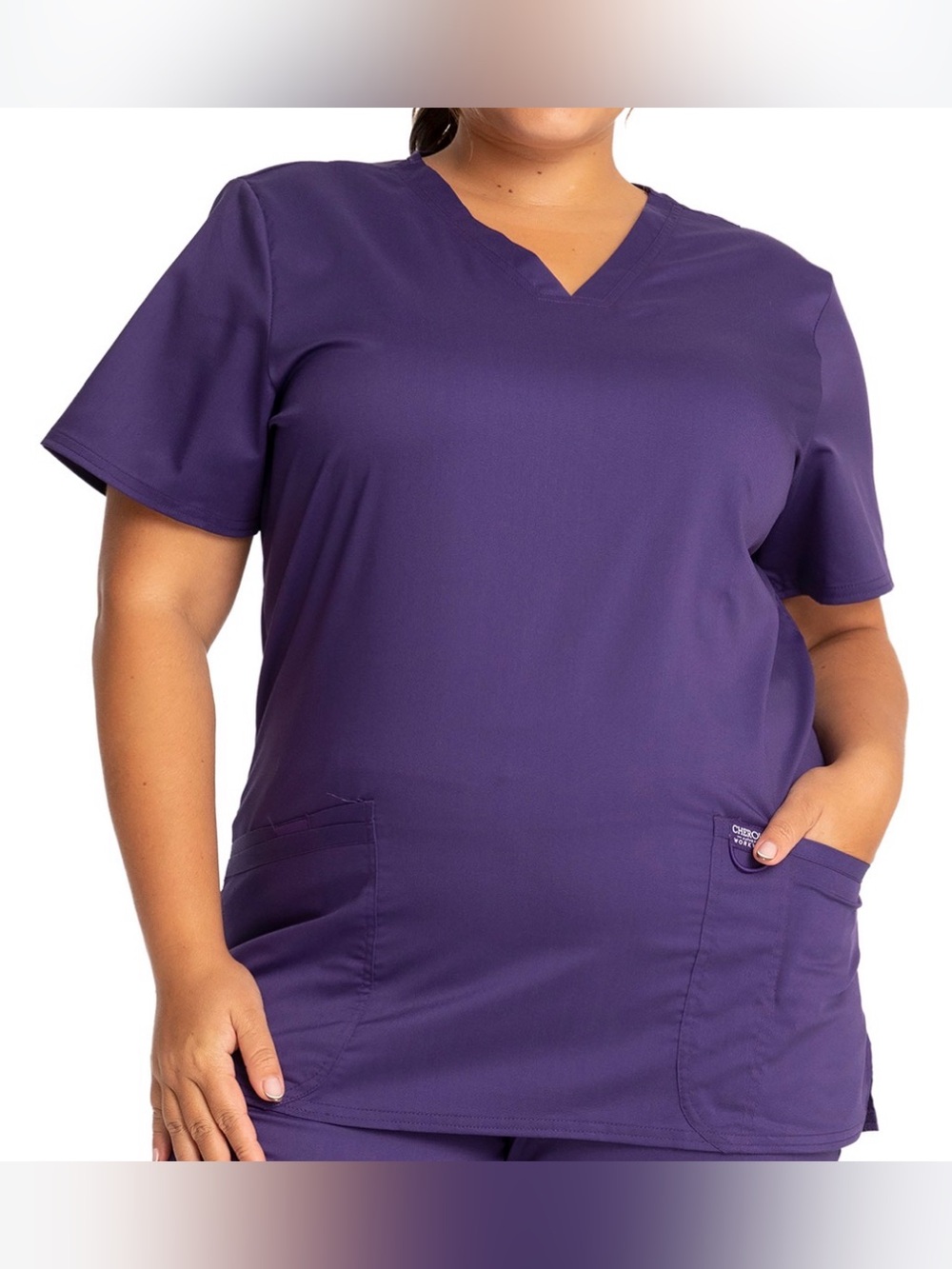 Mini Marilyn by MediChic Size 2X. V-neck Medical Scrub Top Deep Purple Pockets